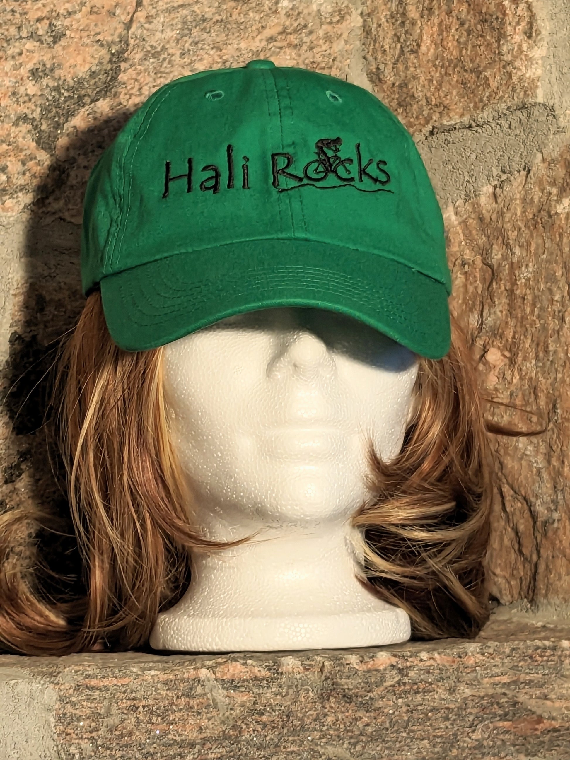 Hali Rocks Mtb Hat 100% Cotton regular curved peak colour = kelly green Embroidery = Black with cyclist climbing rocky trail