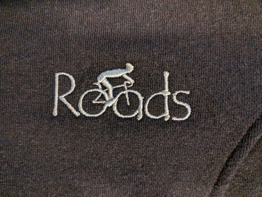 Roads Hemp Fleece Track Jacket - Men's sizing. The embroidery spells Roads with 'oa' tires of bike with cyclist. Embroidery colour=silver light grey