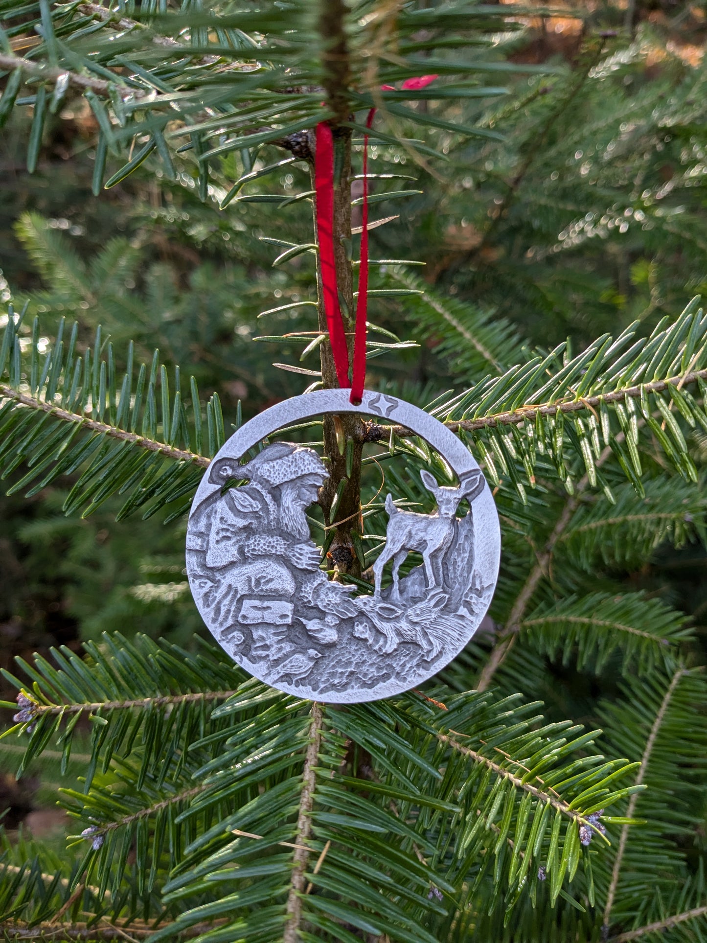 Pewter Ornament with Santa and his forest animal friends